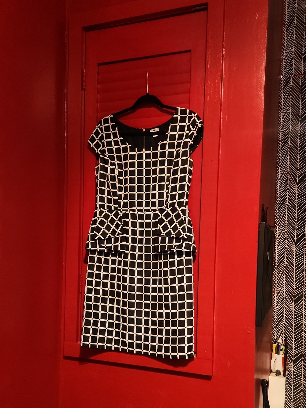 Worthington Black and White Grid Peplum Midi Dress